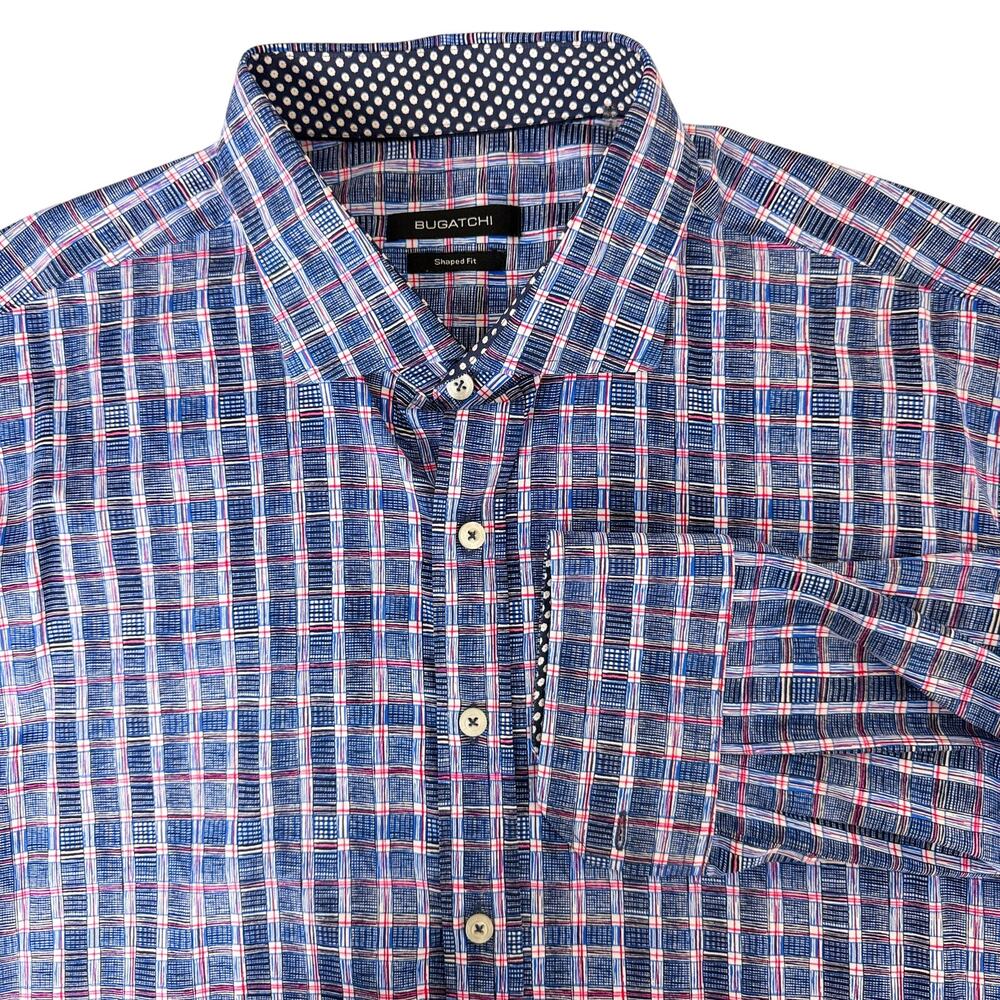 Bugatchi Shaped Fit Blue Red Check Dress Shirt Performance - 2XL XXL